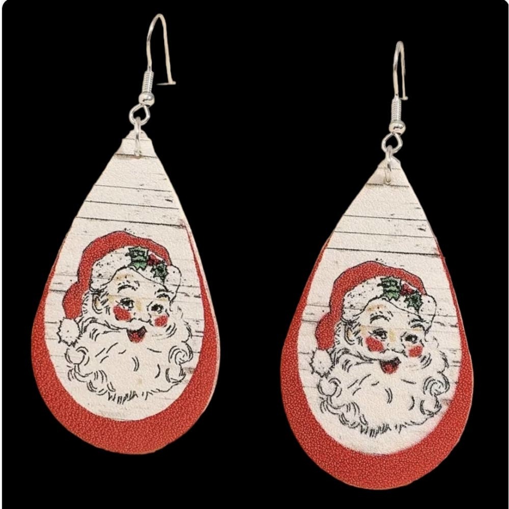 Christmas Santa Claus Teardrop Dangle Earrings PU Leather Jewelry